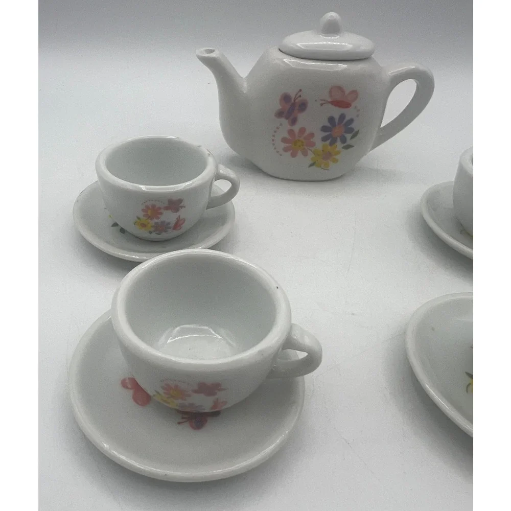Miniature White Porcelain Tea Set Floral Dollhouse Teapot Cups Saucers 10 Piece
